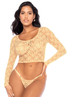 Ensemble 2 pièces en dentelle jaune pastel, crop top et string - MAL8918LYLW
